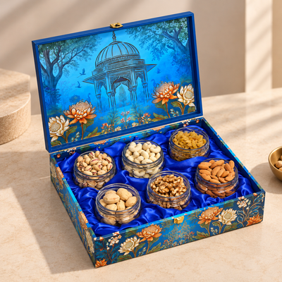 Pichwai Royale Premium Dry Fruit Gift Box | 1000-1200g Assorted Dry Fruits, 6 Glass Jars | Diwali & Wedding Gift Hamper