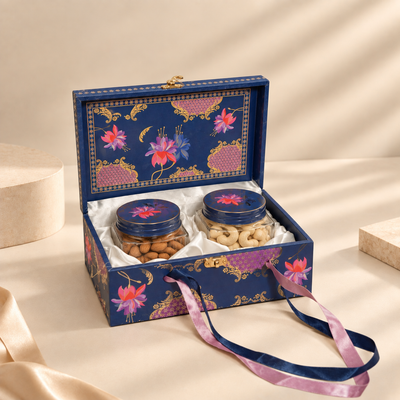 Royal Blue Lotus Heritage Dry Fruit Gift Box | 400-600g, 2 Printed Glass Jars | Weddings and Corporate Gifting