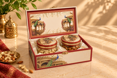 Royal Peacock Haveli Gift Box | 400-600g Assorted Dry Fruits, 2 Jars | Wedding & Special Occasions