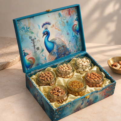 Peacock Royale Fancy Dry Fruit Gift Box | 1000-1200g Assorted Dry Fruits, 6 Glass Jars | Diwali & Festive Gift Hamper