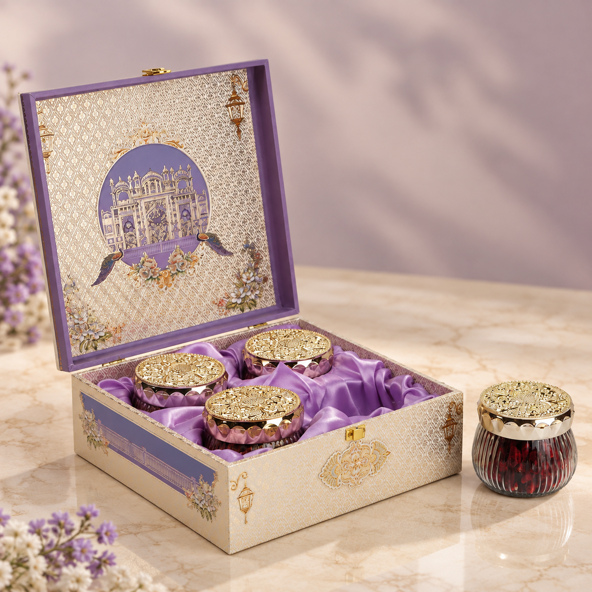 Royal Lilac & Ivory Hamper Box with 4 Glass Jars