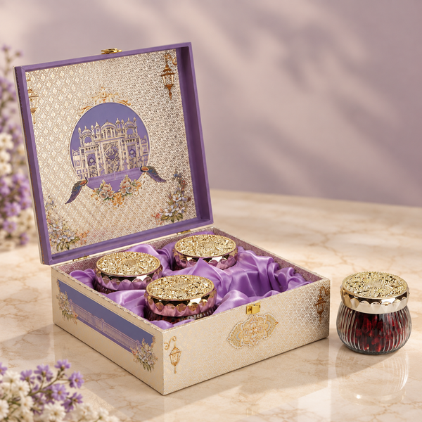 Royal Lilac & Ivory Gift Box | 600-800g Assorted Dry Fruits, 4 Jars | Diwali & Wedding Gift Hamper