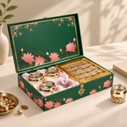 Floral Lotus Print MDF Hamper Box with 4 Glass Jars & 16-Cavity Tray