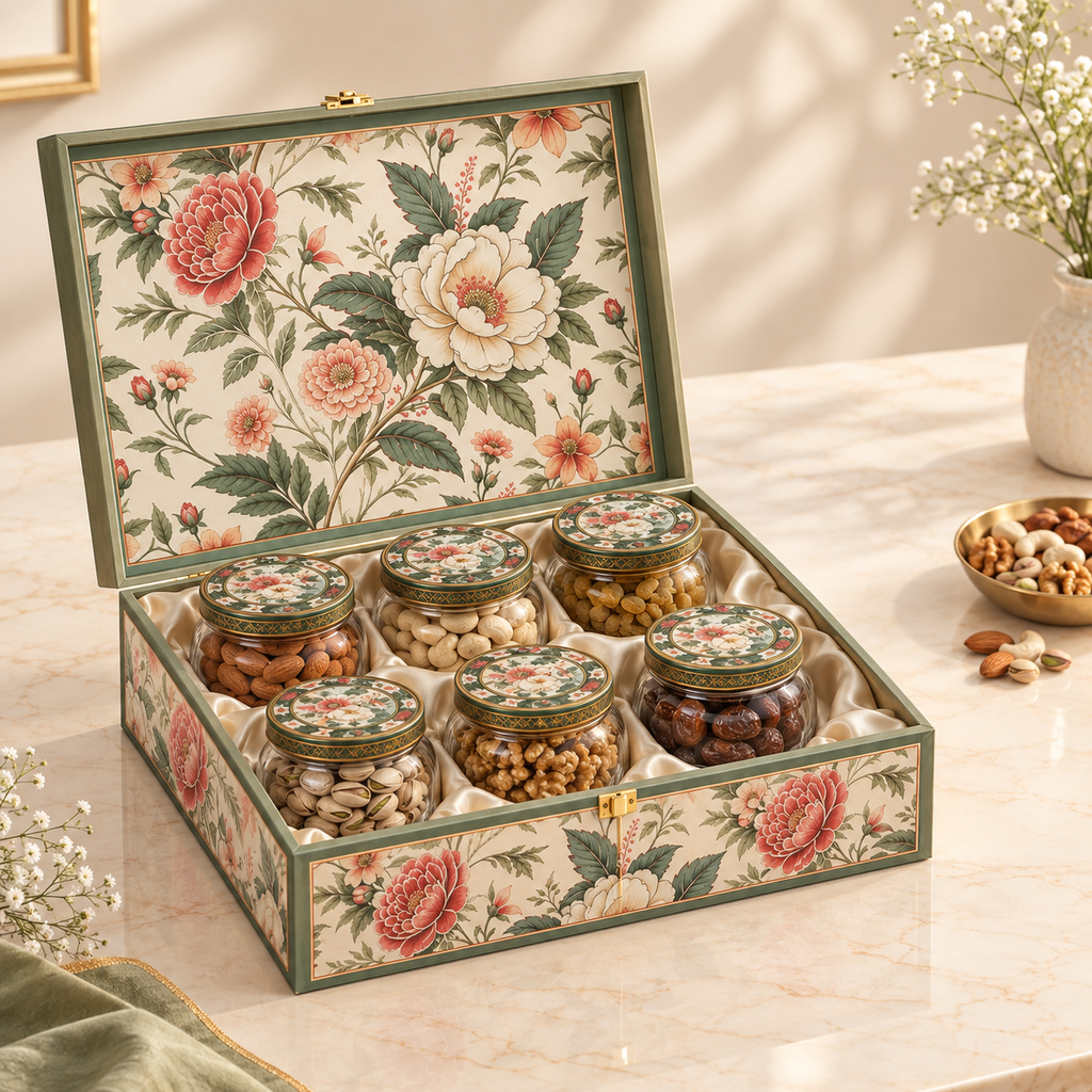 Floral Royale Dry Fruit Gift Box with 6 Glass Jars