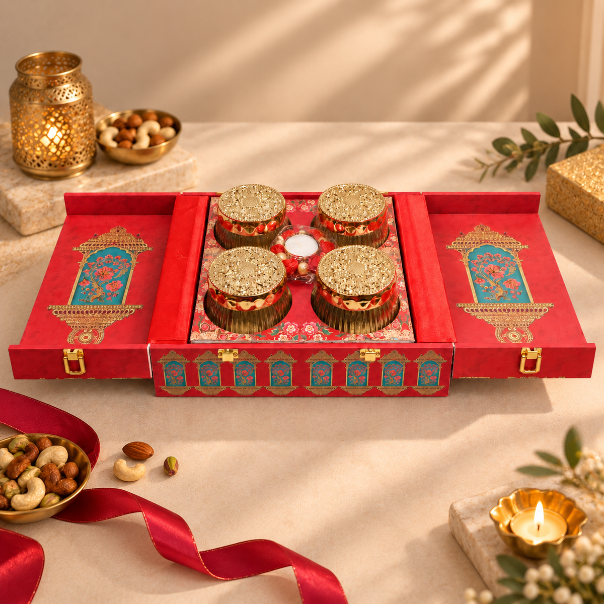 Royal Red Diya 4-Jar Luxury Hamper Box