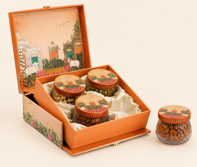 Royal Heritage Orange Premium Gift Box | 600-800g Assorted Dry Fruits, 4 Jars | Diwali & Festive Gift Hamper