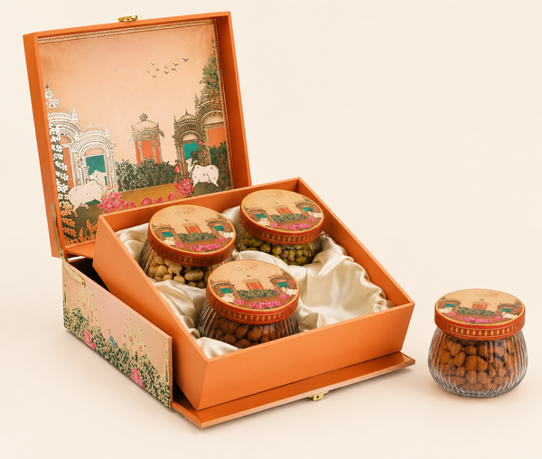 Royal Heritage Orange Premium Gift Box | 600-800g Assorted Dry Fruits, 4 Jars | Diwali & Festive Gift Hamper