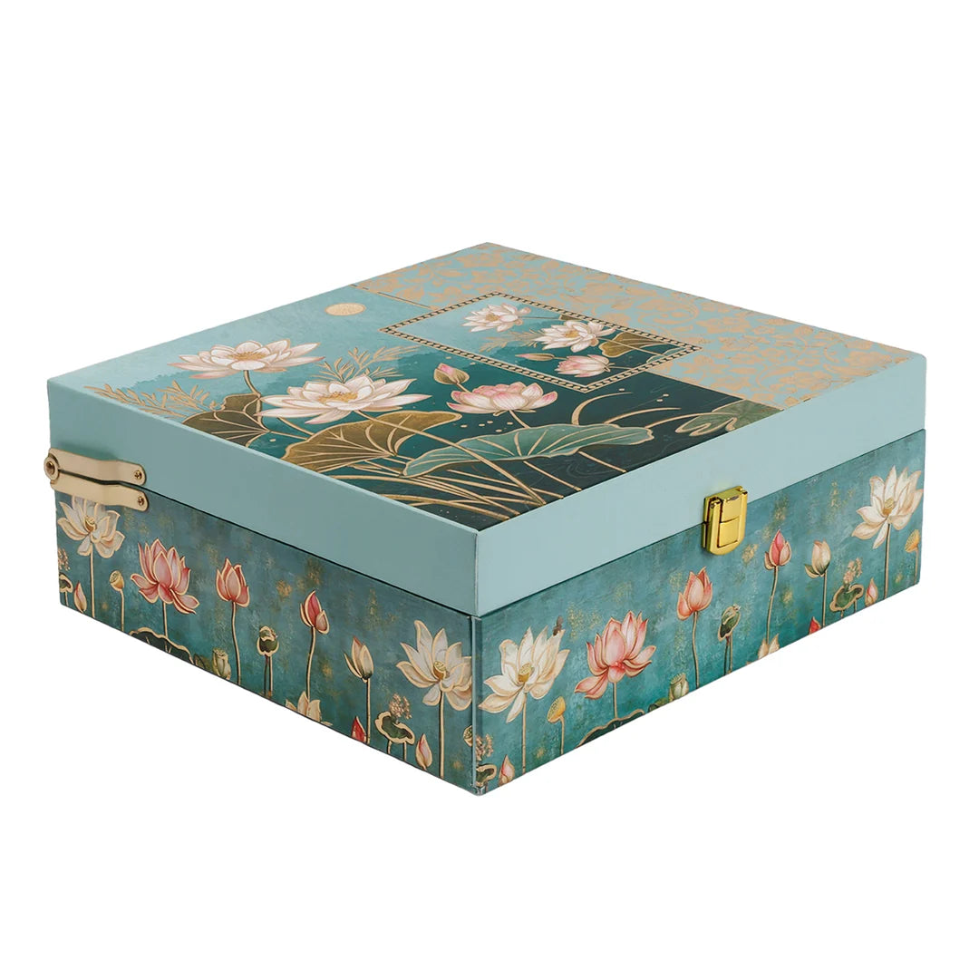 Floral Green Dry Fruit Gift Box with 4 Printed Glass Jars