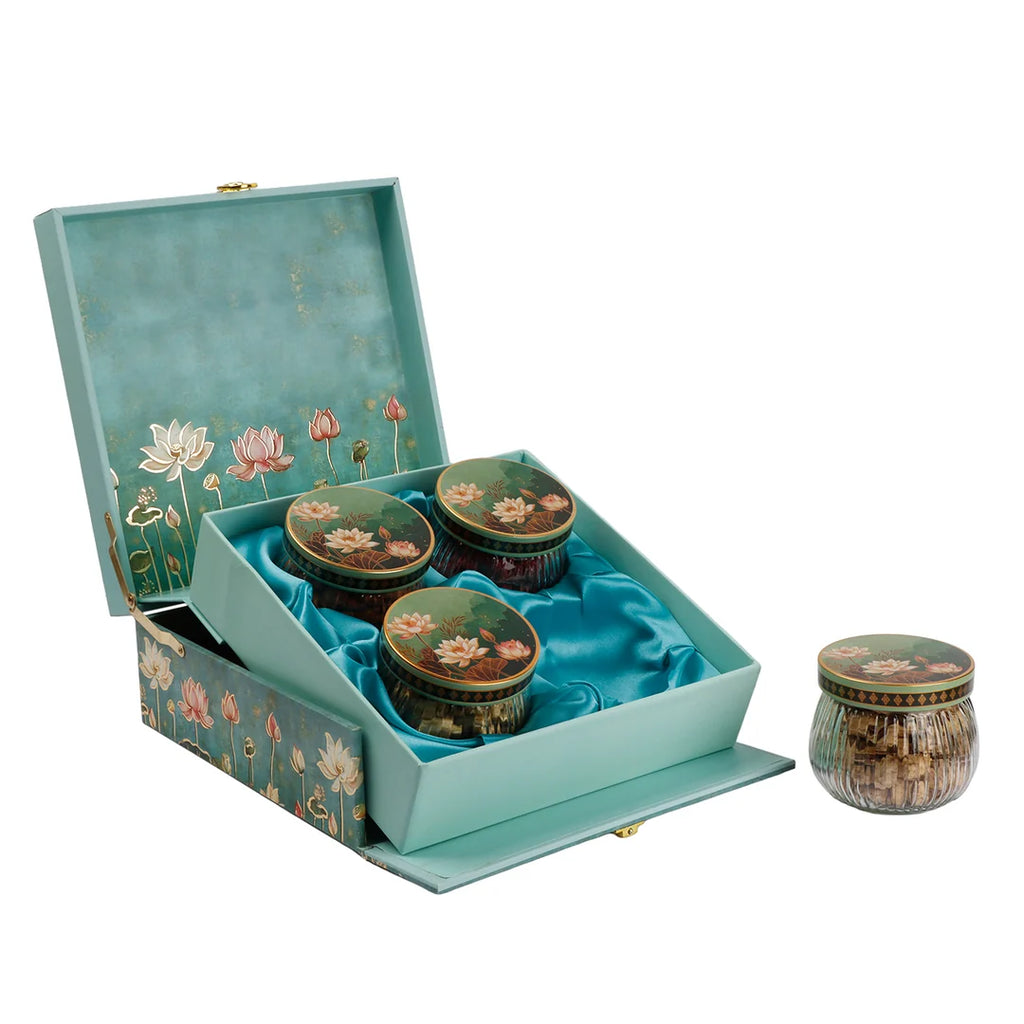 Floral Green Dry Fruit Gift Box with 4 Printed Glass Jars