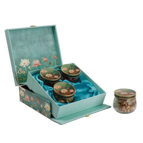 Floral Green Dry Fruit Gift Box with 4 Printed Glass Jars