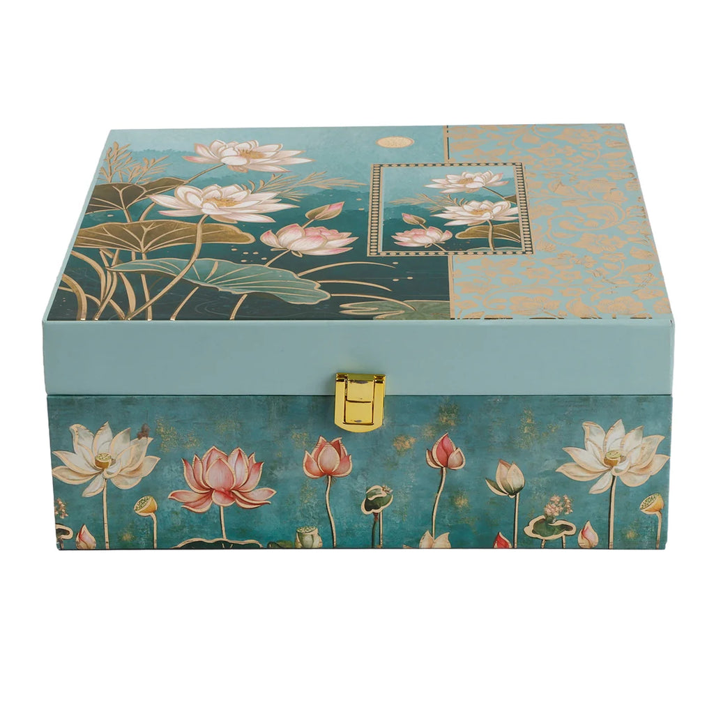 Floral Green Dry Fruit Gift Box with 4 Printed Glass Jars