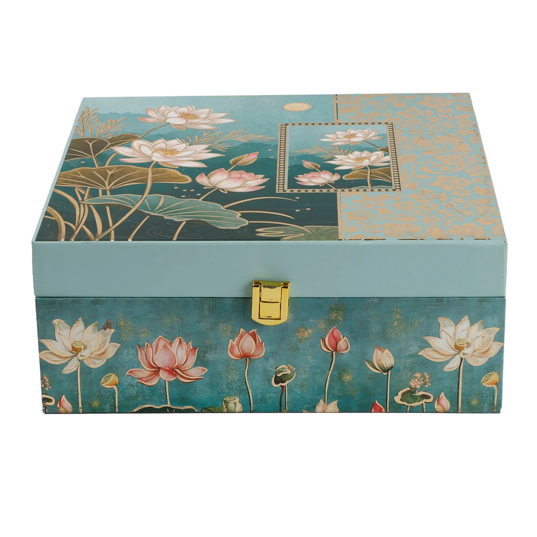 Floral Green Dry Fruit Gift Box with 4 Printed Glass Jars
