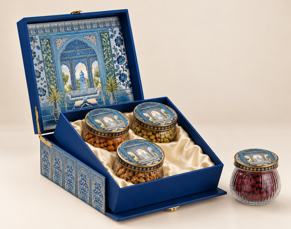 Royal Blue Heritage Dry Fruit Gift Box | 600-800g Assorted Dry Fruits, 4 Jars | Diwali & Wedding Gift Hamper