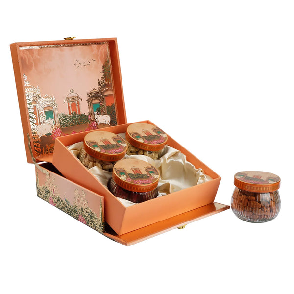 Royal Heritage Orange Premium Gift Box | 600-800g Assorted Dry Fruits, 4 Jars | Diwali & Festive Gift Hamper