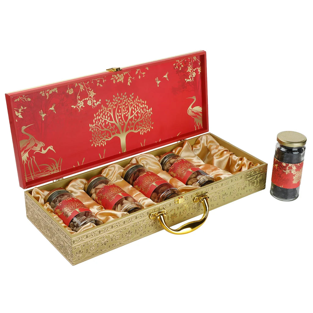 Floral Print Dry Fruit Gift Box with 5 Cylinder Glass Jars