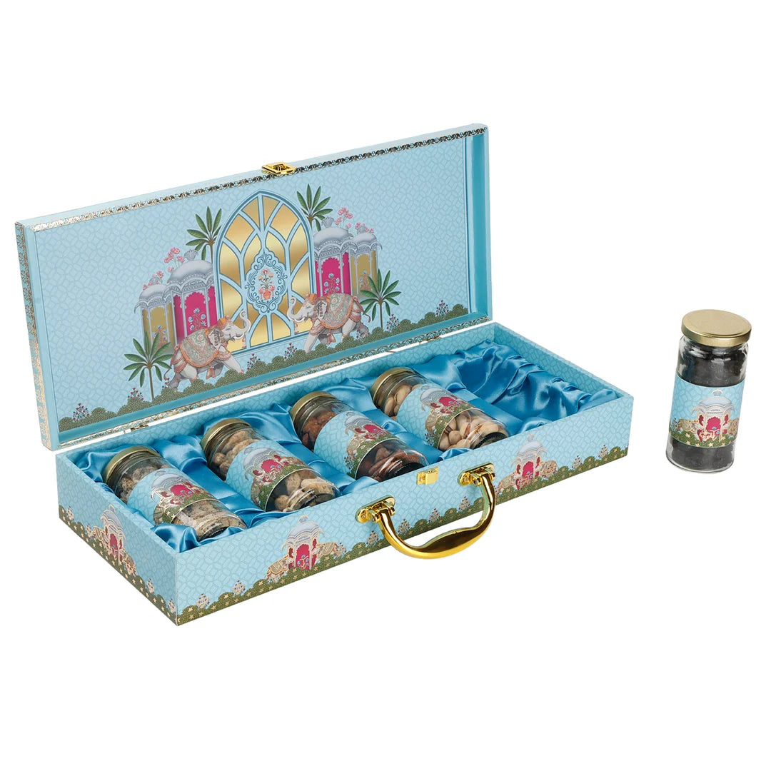 Regal Sky Blue Dry Fruit Gift Box with 5 Glass Cylinder Jars