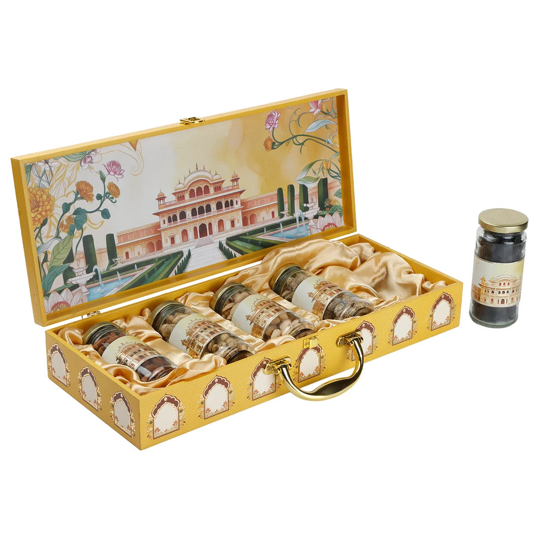 Pichwai Palace Print Dry Fruit Gift Box with 5 Cylinder Glass Jars