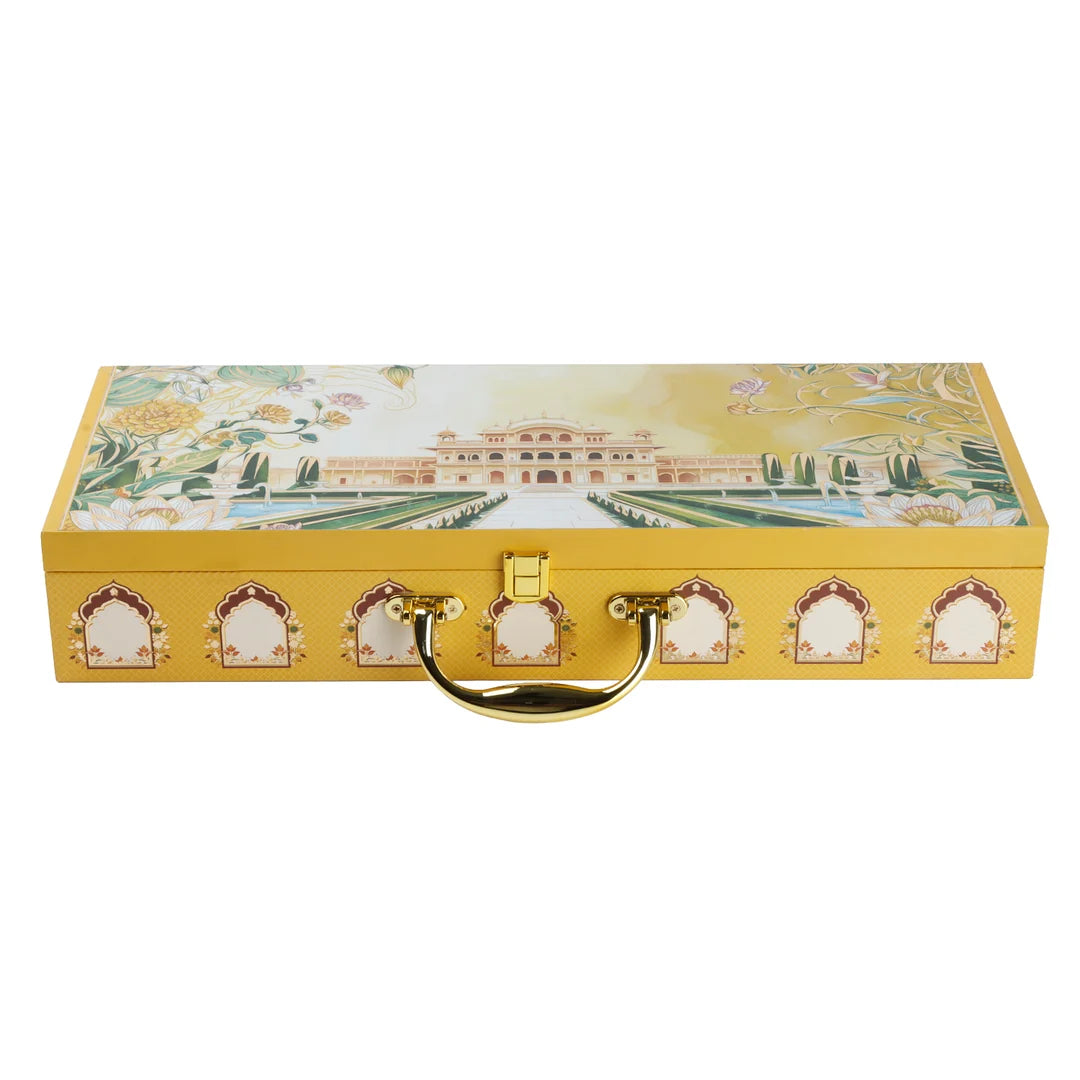 Pichwai Palace Print Dry Fruit Gift Box with 5 Cylinder Glass Jars