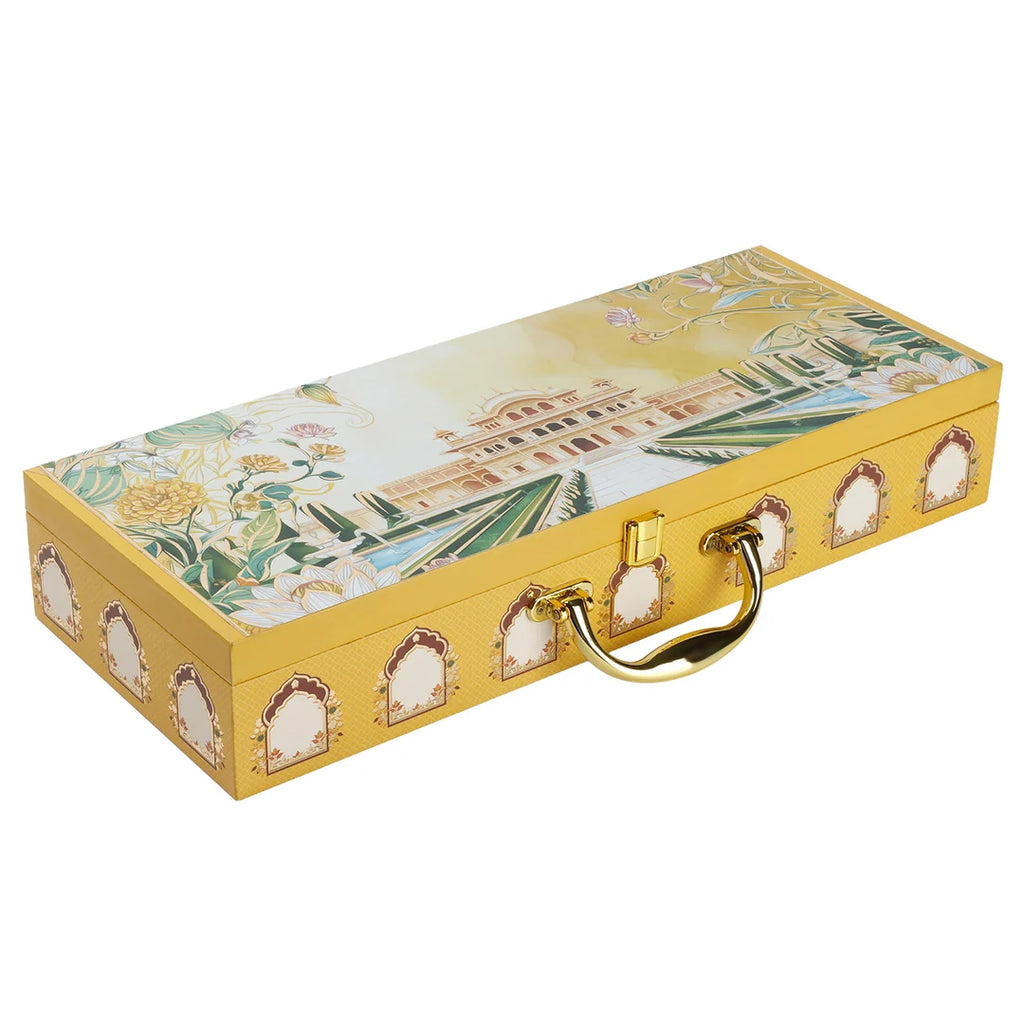 Pichwai Palace Print Dry Fruit Gift Box with 5 Cylinder Glass Jars