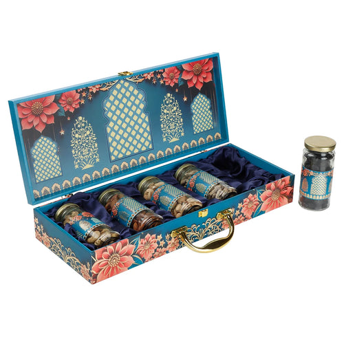 Floral Blue Dry Fruit Gift Box with 5 Glass Cylinder Jars