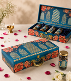 Floral Blue Dry Fruit Gift Box with 5 Glass Cylinder Jars