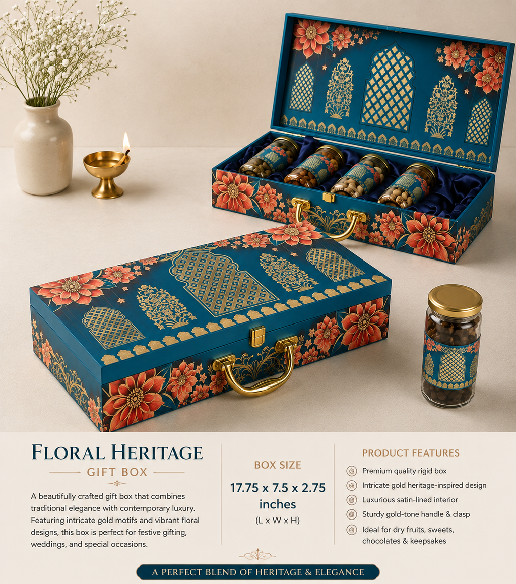 Floral Blue Dry Fruit Gift Box with 5 Glass Cylinder Jars