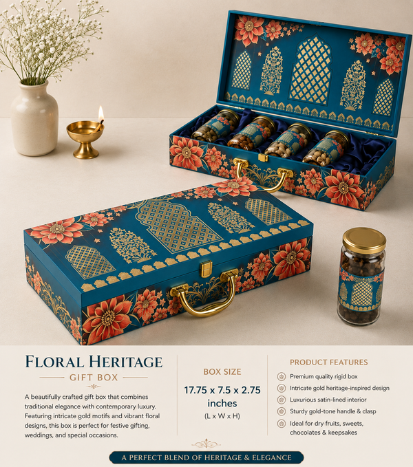 Floral Blue Dry Fruit Gift Box | 700-900g Assorted Dry Fruits, 5 Glass Cylinder Jars | Housewarming & Corporate Gifting