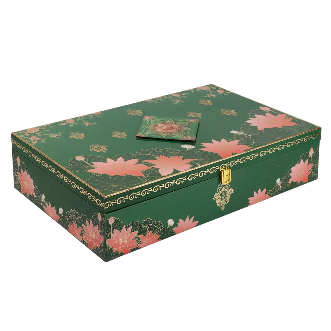 Floral Lotus Print MDF Hamper Box with 4 Glass Jars & 16-Cavity Tray