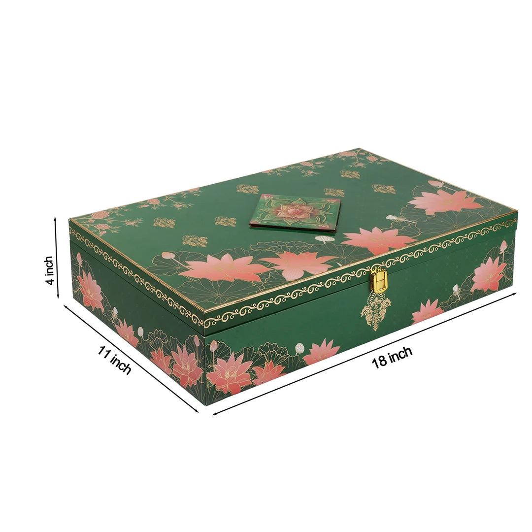 Floral Lotus Print MDF Hamper Box with 4 Glass Jars & 16-Cavity Tray