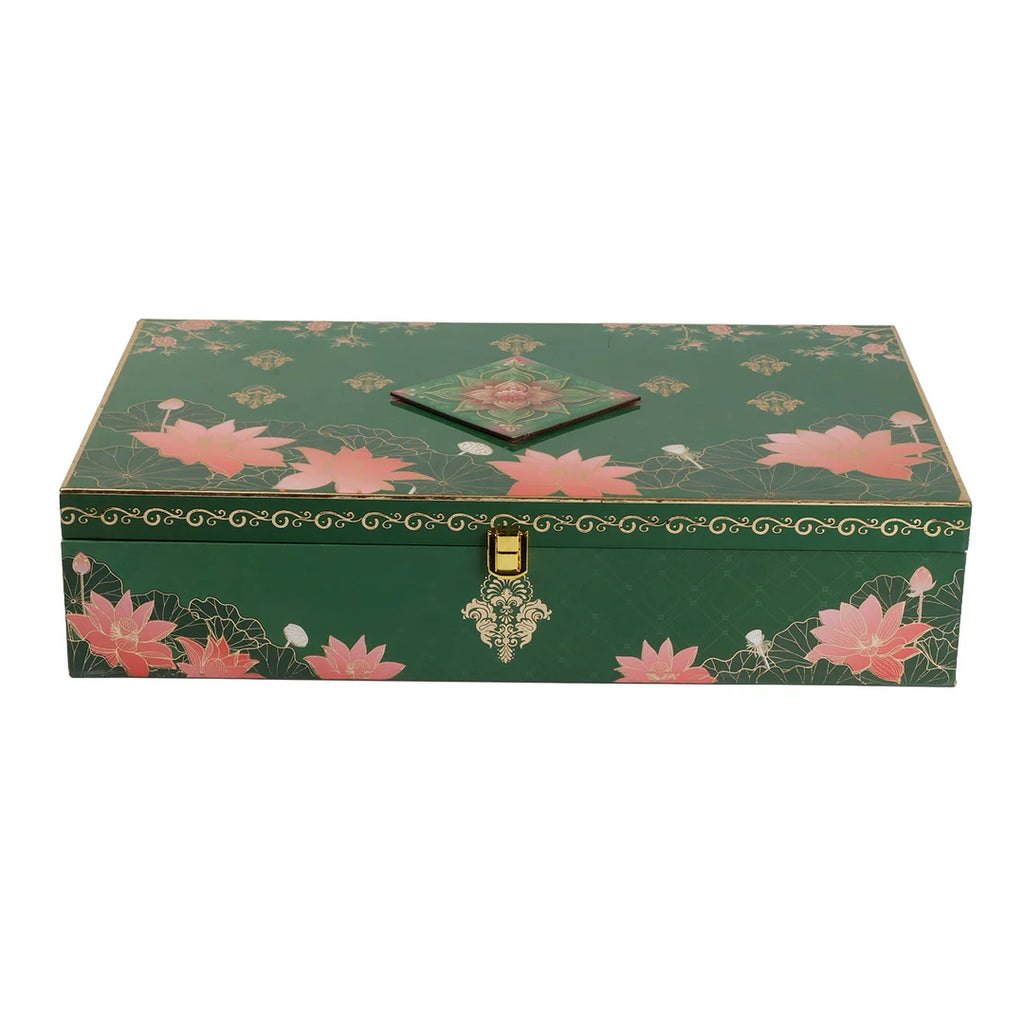 Floral Lotus Print MDF Hamper Box with 4 Glass Jars & 16-Cavity Tray