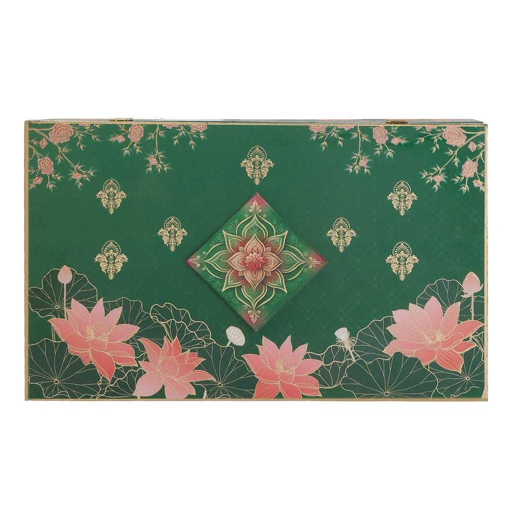 Floral Lotus Print MDF Hamper Box with 4 Glass Jars & 16-Cavity Tray
