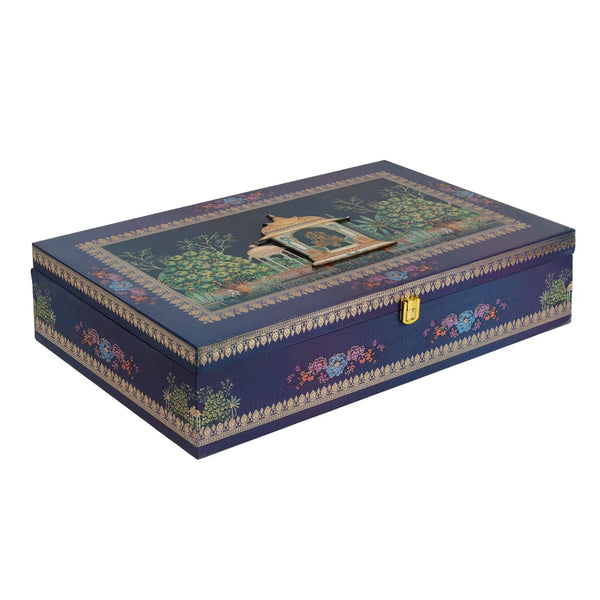 Royal Blue Pichwai Artistry Premium Hamper Box | 4 Jars & 16-Cavity Tray | Diwali and Wedding Gift Box