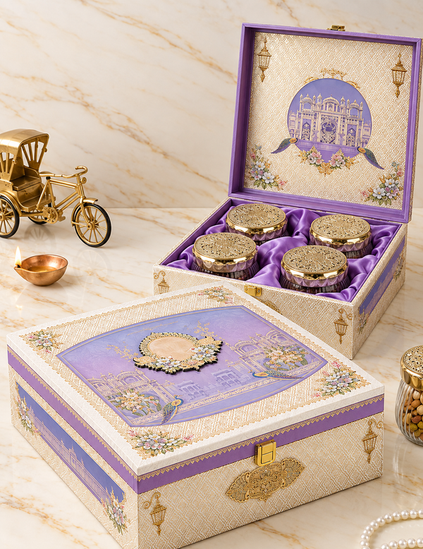 Royal Lilac & Ivory Gift Box | 600-800g Assorted Dry Fruits, 4 Jars | Diwali & Wedding Gift Hamper