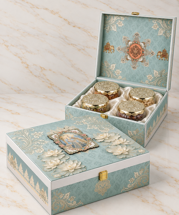 Heritage Tribal Elephant MDF Hamper Box | 600-800g Assorted Dry Fruits, 4 Jars | Diwali & Festive Gift box