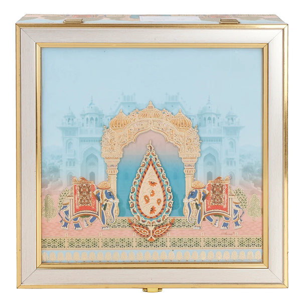 Sky Blue Heritage Hamper Box with 4 Matki Tins | 600-800g Assorted Dry Fruits | Diwali & Wedding Gift Hamper