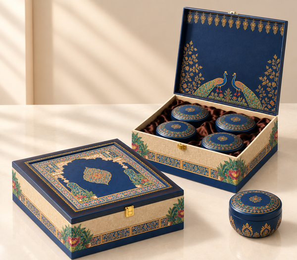 Imperial Blue Heritage Gift Box with 4 Matki Tins | 600-800g Assorted Dry Fruits | Diwali & Corporate Gift Hamper