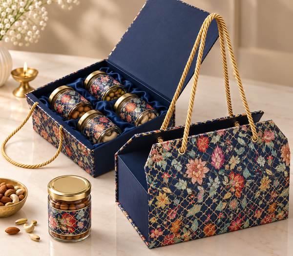 Royal Blue Floral Gift Box | 300-600g Assorted Dry Fruits, 4 Jars | Diwali & Festive Gift hamper