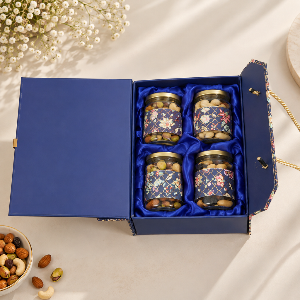 Royal Blue Floral Gift Box with 4 Glass Jars