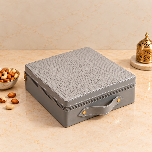 Imperial Grey Faux Leather Dry Fruit Box | 600-800g Assorted Dry Fruits, 4 jars | Diwali & Corporate Gifting