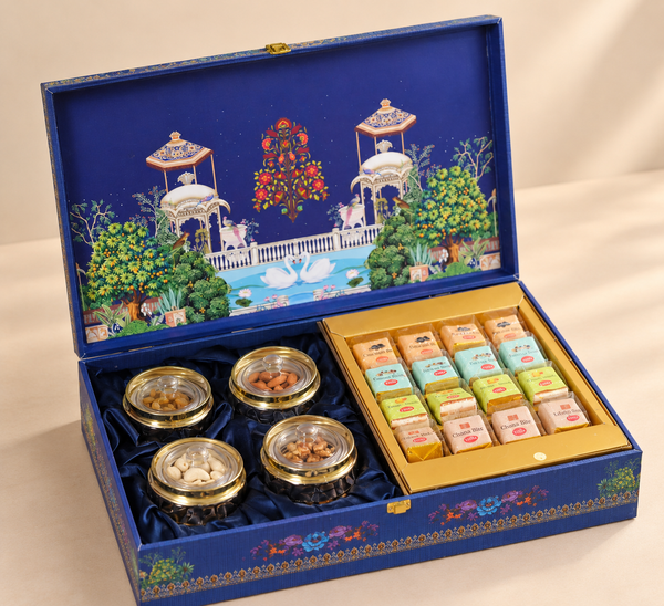 Royal Blue Pichwai Artistry Premium Hamper Box | 4 Jars & 16-Cavity Tray | Diwali and Wedding Gift Box