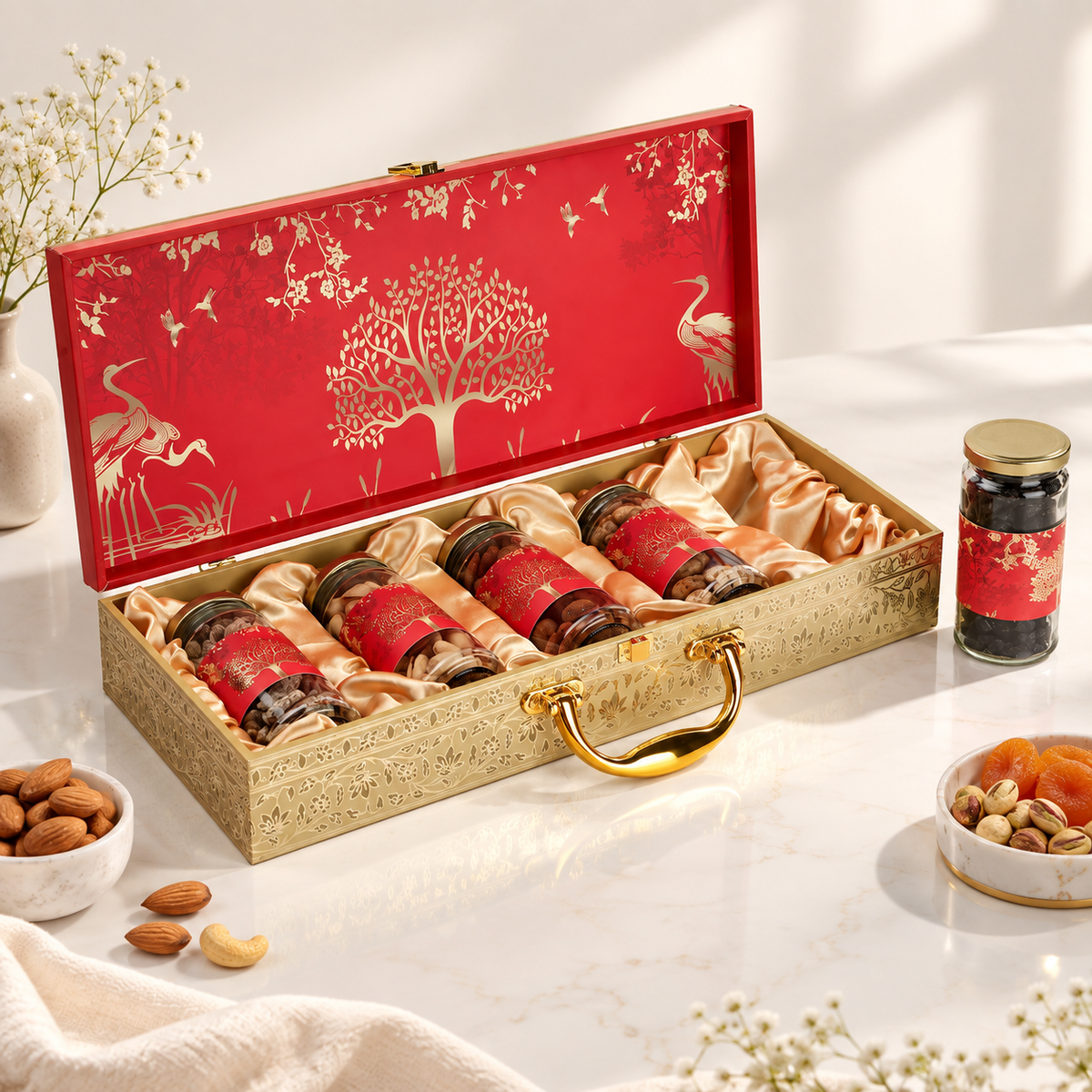 Floral Print Dry Fruit Gift Box with 5 Cylinder Glass Jars