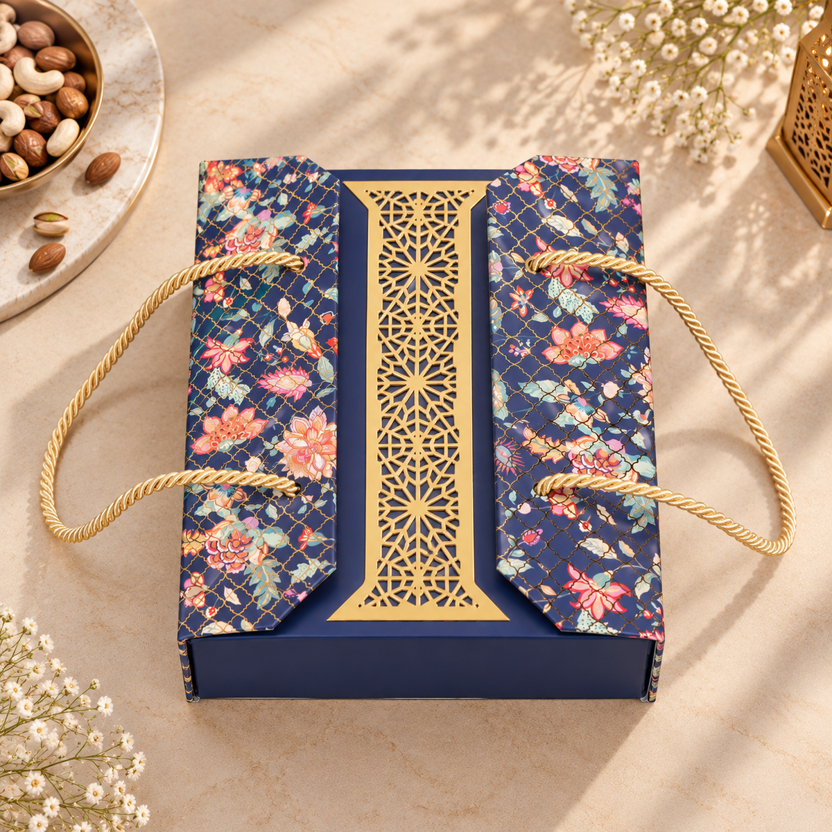 Royal Blue Floral Gift Box with 4 Glass Jars