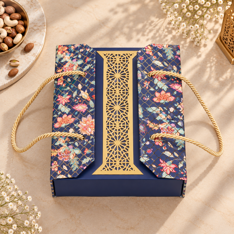 Royal Blue Floral Gift Box | 300-600g Assorted Dry Fruits, 4 Jars | Diwali & Festive Gift hamper