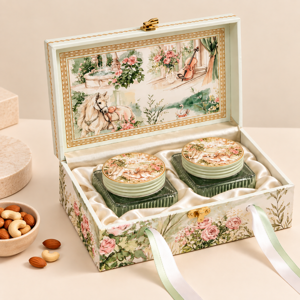 Vintage Pastel Meadow Gift Box | 400-600g Assorted Dry Fruits, 2 Jars | Bridal showers & Festive Celebrations