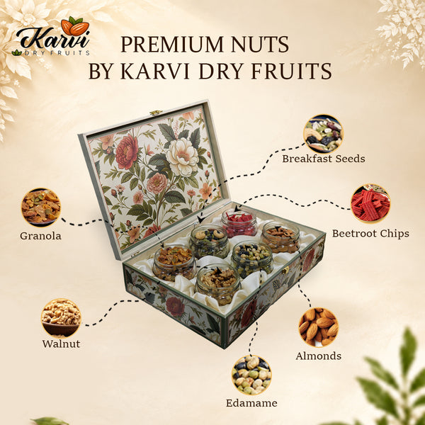 Floral Royale Fancy Dry Fruit Gift Box | 1000-1200g Assorted Dry Fruits, 6 Glass Jars | Diwali & Anniversary Gift Hamper