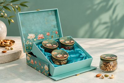 Floral Green Premium Gift Box | 600-800g Assorted Dry Fruits, 4 Jars | Anniversary Gift Hamper