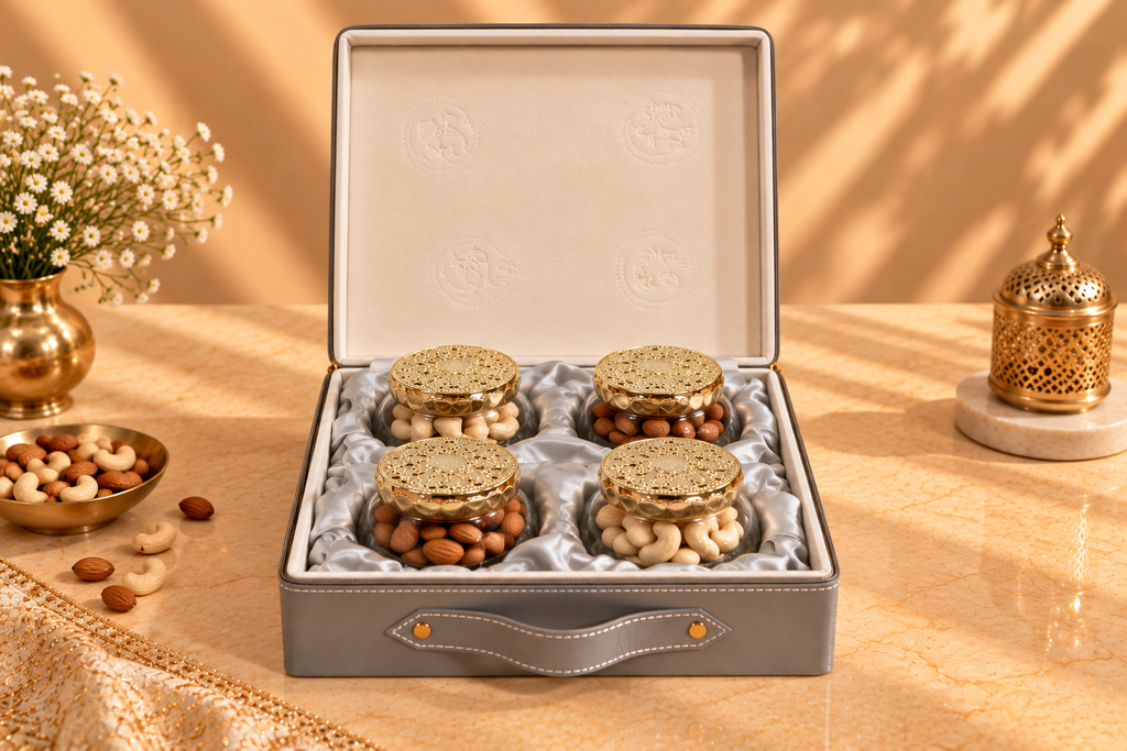 Imperial Grey Faux Leather Festive Box with 4 Premium Glass Jars