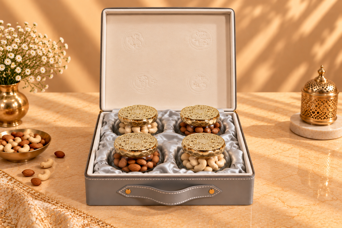 Imperial Grey Faux Leather Festive Box with 4 Premium Glass Jars