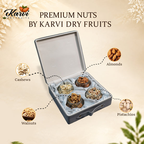 Imperial Grey Faux Leather Dry Fruit Box | 600-800g Assorted Dry Fruits, 4 jars | Diwali & Corporate Gifting