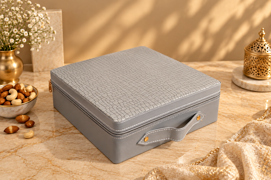 Imperial Grey Faux Leather Festive Box with 4 Premium Glass Jars